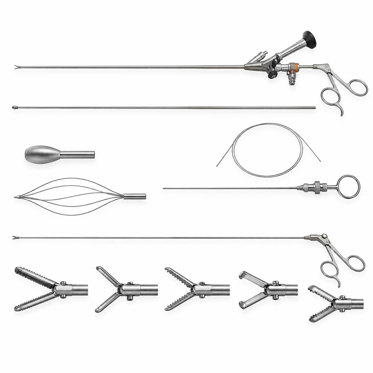 Endoscopic Instrument Kit on White Background Endoscopic Instrument Kit on White Background